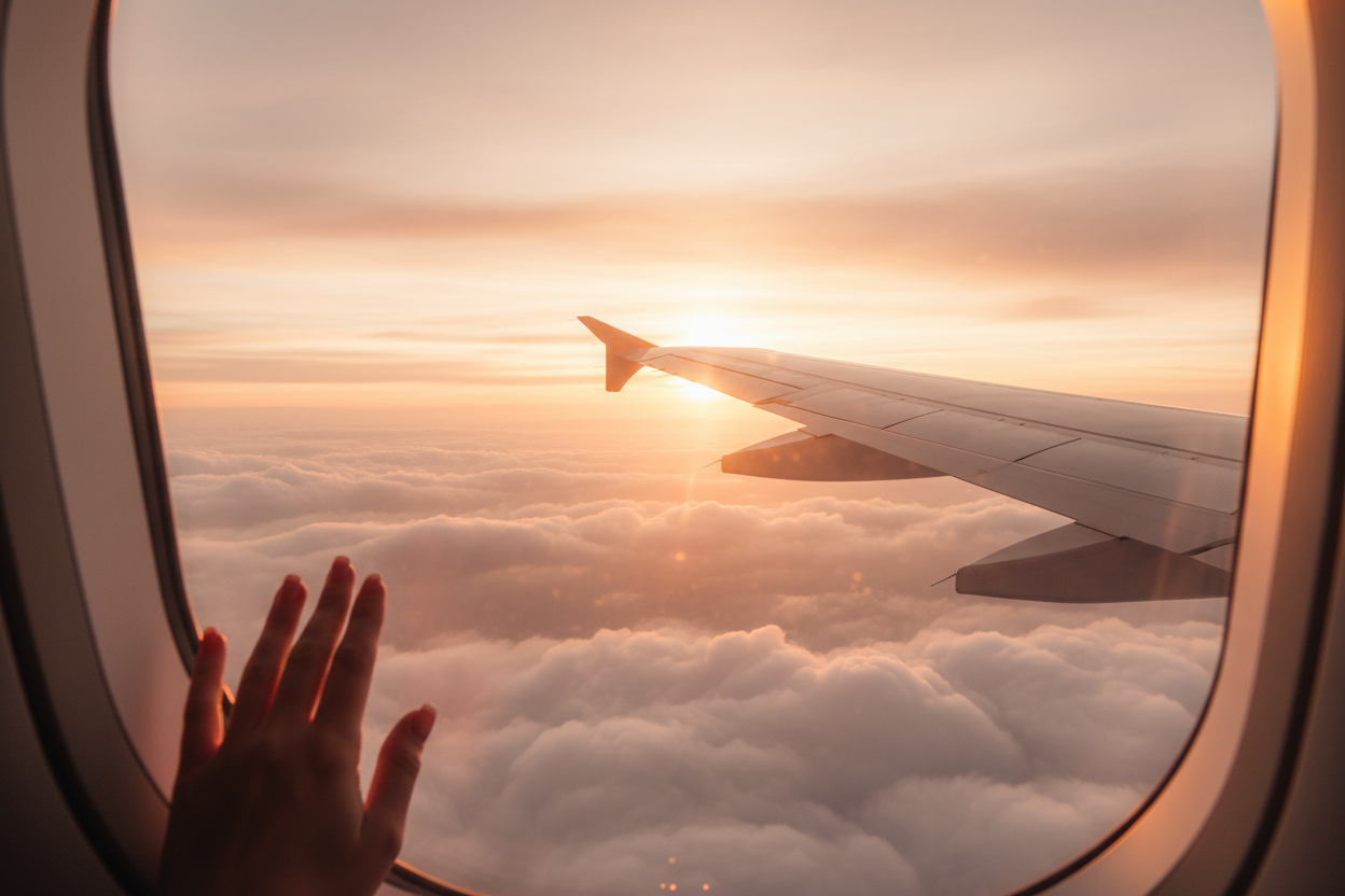 Create a premium, minimal and calm aerial-travel image shot from the window of an airplane.
Golden-hour lighting softly illuminating the clouds and the airplane wing.
A hand lightly resting near the window frame (without holding anything), conveying serenity, reflection and the beginning of a meaningful journey.
Soft warm tones, elegant composition, cinematic feel, no visible faces.
Mood: peaceful, introspective, premium travel aesthetic.
Style: high-end editorial photography, clean, refined, minimal.

