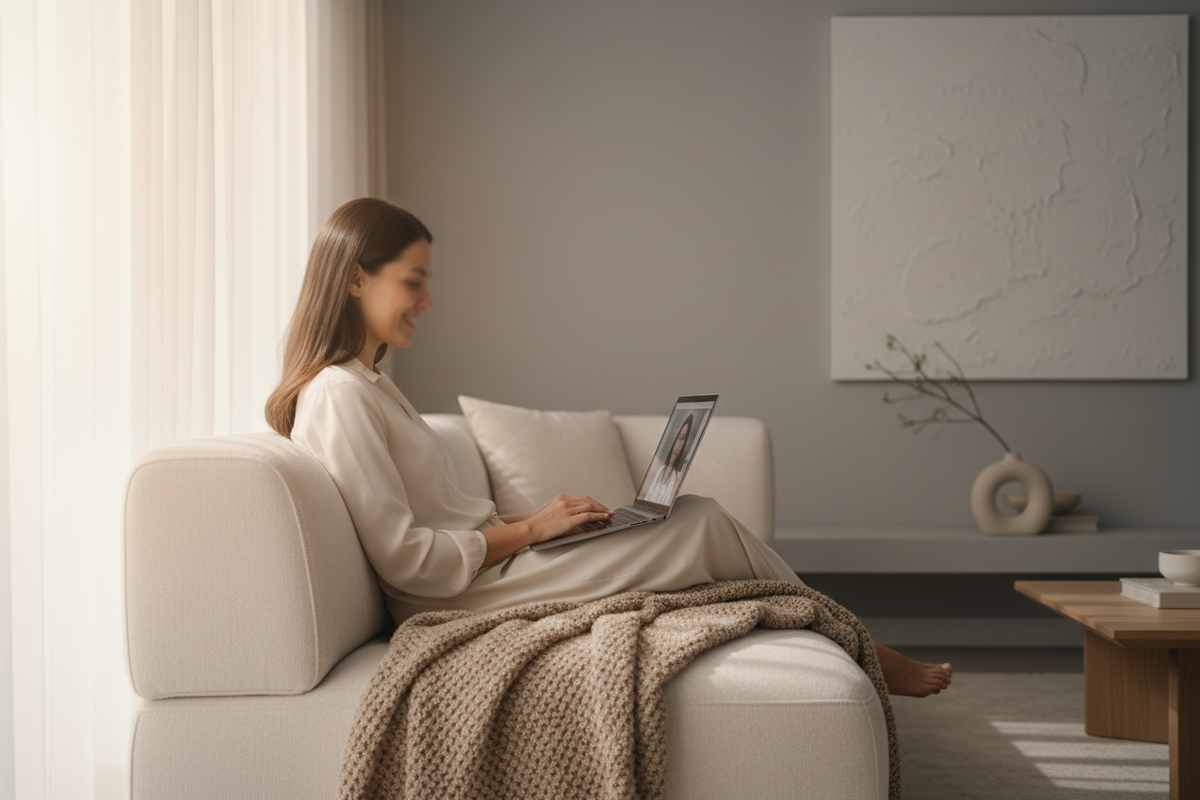 Create a premium, minimal and elegant image of a woman sitting on a stylish, modern sofa while smiling at her laptop during a telemedicine consultation.
The woman should appear relaxed and confident, with natural soft lighting filling the room.
Her face should NOT be fully visible—use a side angle, soft blur, or partial framing for privacy.
The environment must feel high-end: neutral colors, clean lines, cozy textures, subtle luxury décor.
The laptop screen should suggest a doctor on a video call (blurred, 